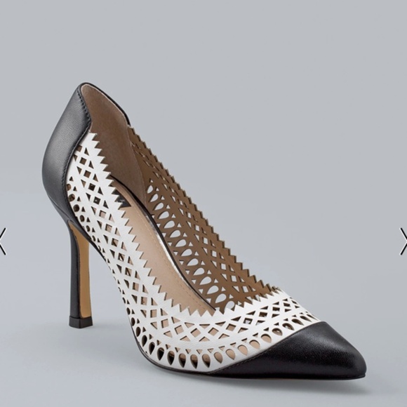 Black & White Laser-Cut High-Heel Pumps - Picture 1 of 2